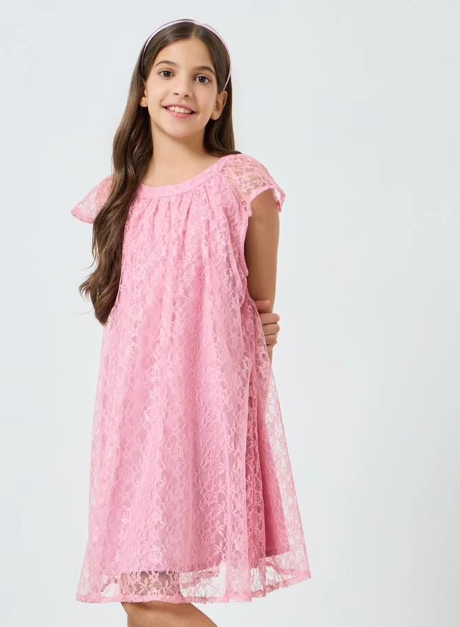 Styli Girls Pink Lace Short Sleeve Dress